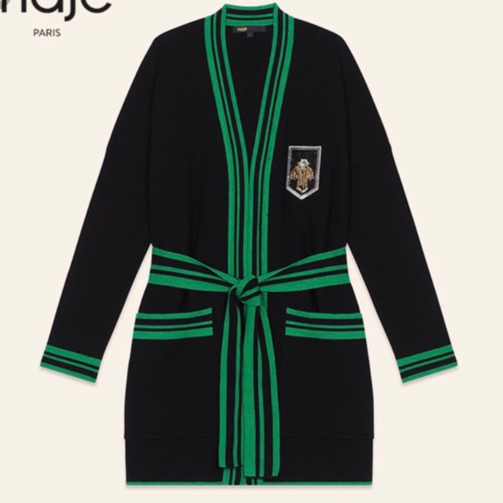 Maje Black & Green Wrap Cardigan